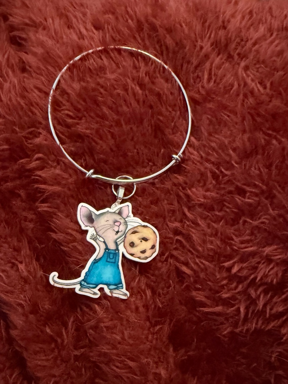 Silver Bangle Bracelet with Blue Overalls Mouse Charm